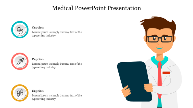 Medical-themed infographic with a doctor holding a clipboard and three circular icons with caption areas.
