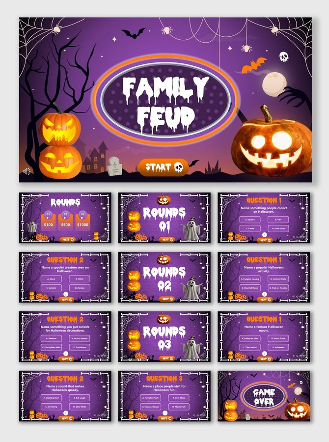 Halloween Family Feud Party Game with pumpkins, bats, ghosts, cobwebs, graveyard, purple theme, and spooky fonts.