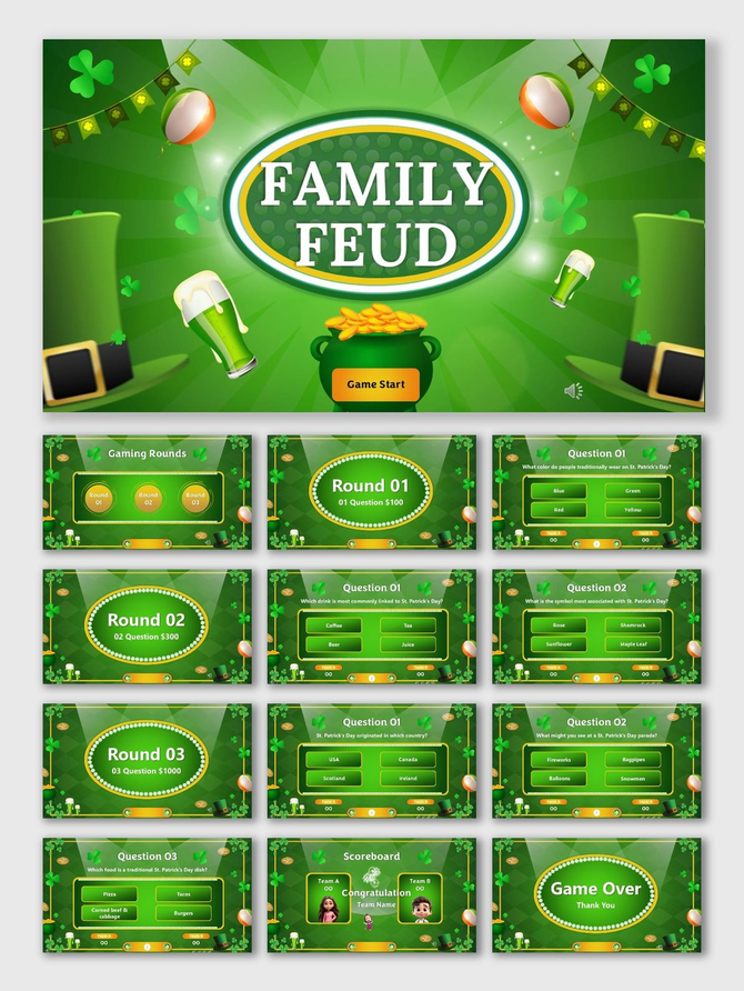 St Patricks Day Family Feud green slides with shamrocks, hats, coins, beer, balloons, rounds, questions, scoreboard.