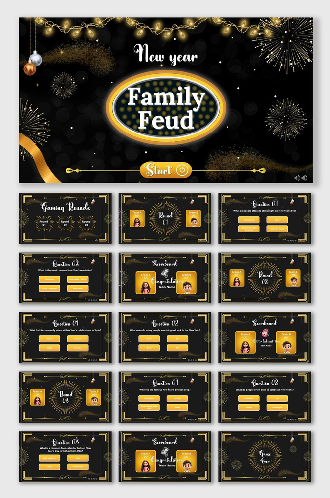 New Years Feud with fireworks, gold sparkles, black theme, quiz rounds, avatars, scoreboard, and glowing highlights.
