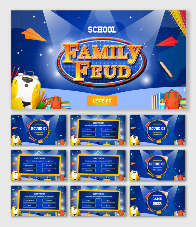 School Family Feud slides, blue bg, stars, school items, backpacks, pencils, books, quiz rounds, game over.