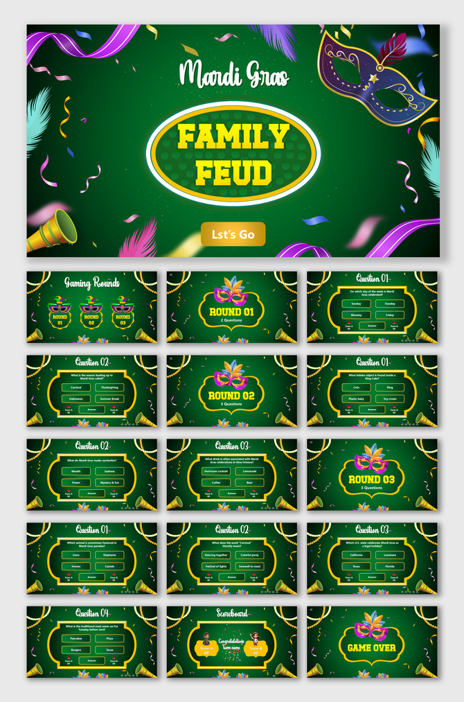Mardi Gras Party Game Feud PPT with green theme, masks, beads, feathers, confetti, gold frames, quiz rounds, and scoreboard.
