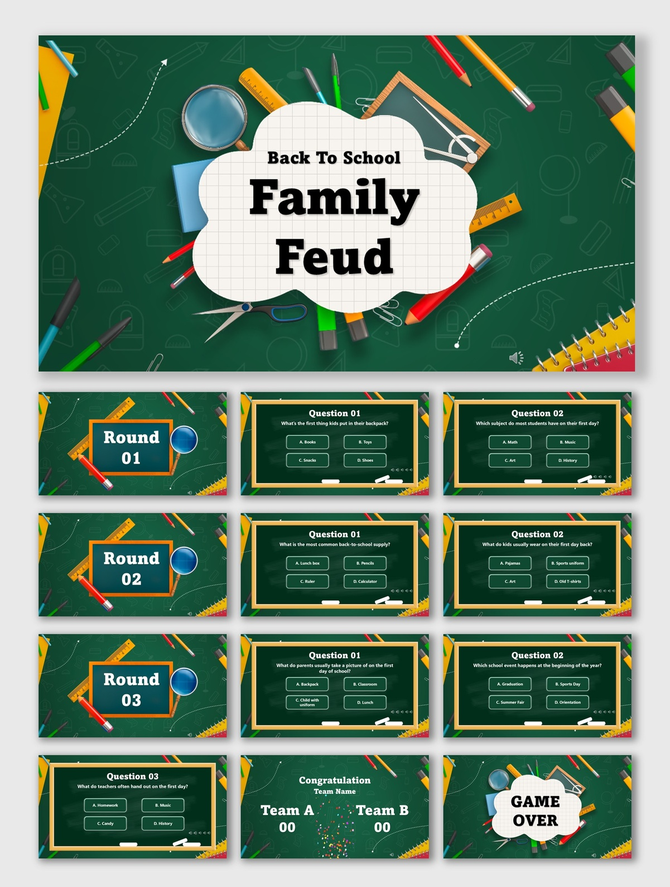 Back To School Family Feud Game with green chalkboard slides, white text box, pencils, rulers, scissors, and shapes.