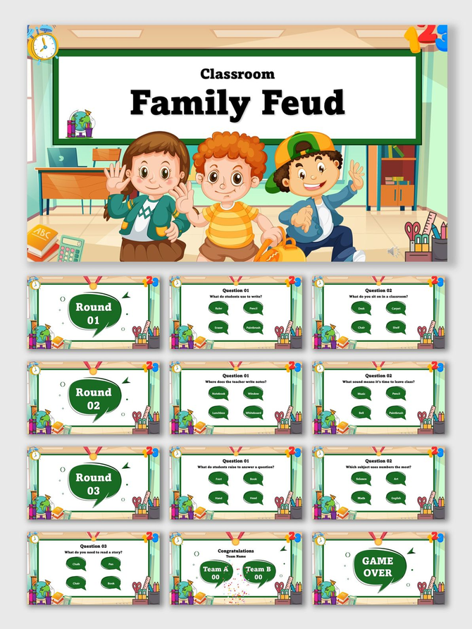 Classroom Family Feud with kids, chalkboard, desks, green quiz slides, speech bubble shapes, stationery, and bright colors.