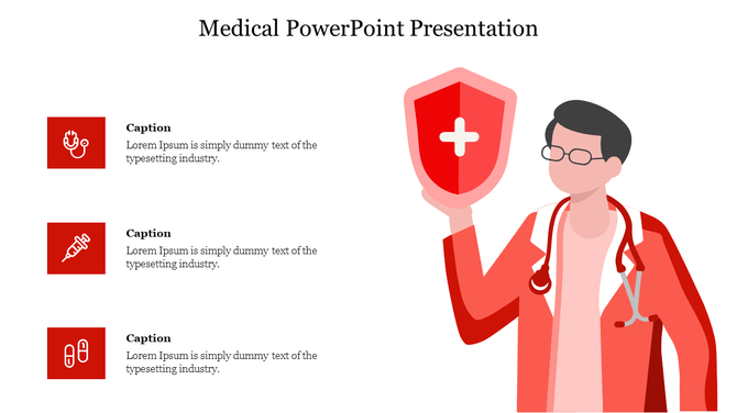 Slide featuring three red medical icons and a doctor illustration with a shield symbolizing healthcare.