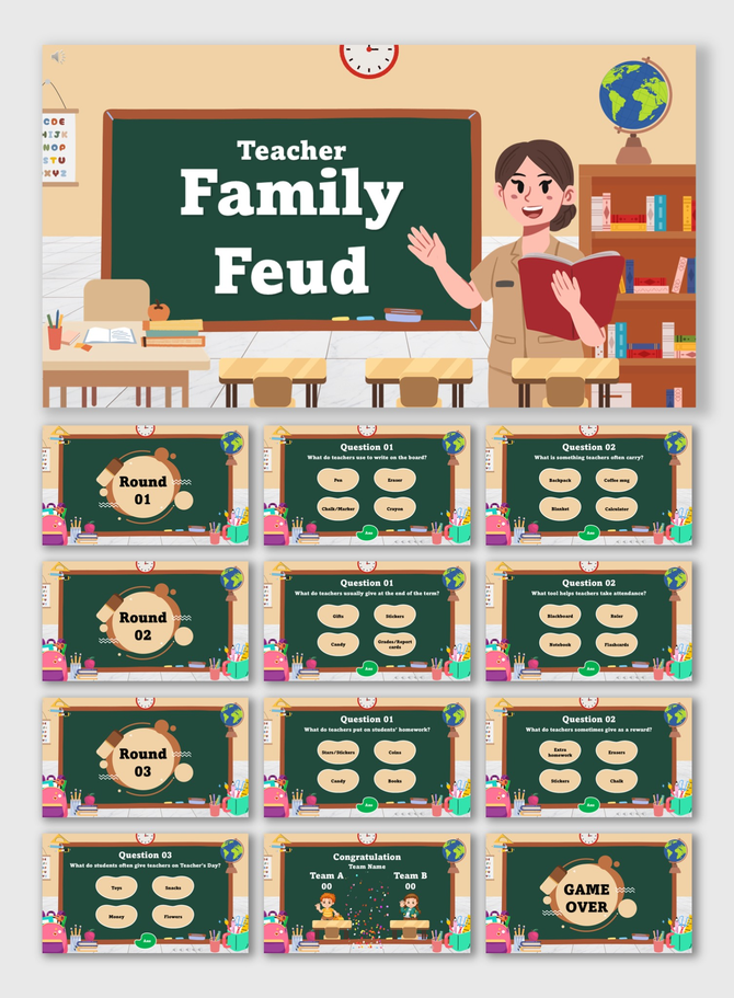Teacher Family Feud Presentation with chalkboard, teacher, books, desks, green quiz slides, icons, and round shapes.