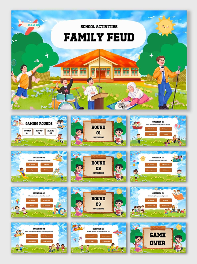 Family Feud For School Activities with kids, outdoor school scene, brown board text boxes, blue sky, and colorful icons.