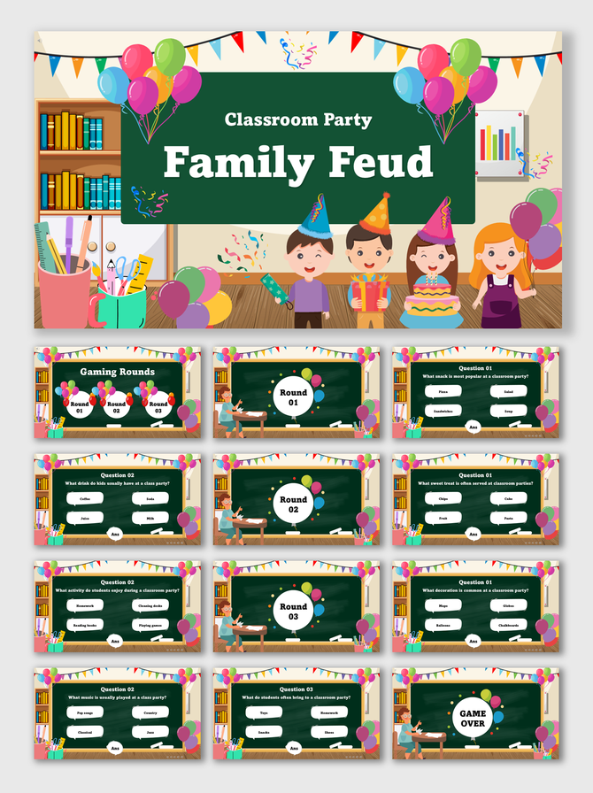 Classroom Party Family Feud Game with kids, balloons, desks, chalkboard quiz slides, colorful icons, and round text holders.