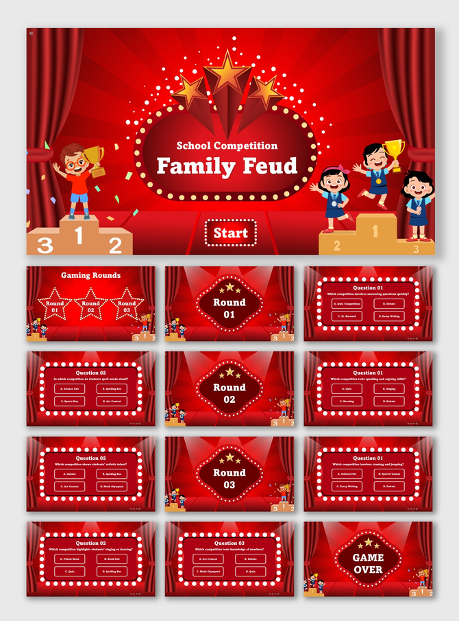 School Competition Family Feud with kids on podium, trophies, red curtain stage, golden stars, quiz slides, and round text. 