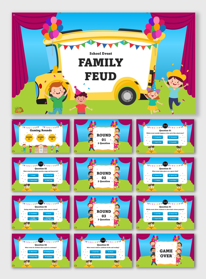 School Event Family Feud with kids, bus, balloons, red curtains, bunting, colorful quiz slides, and circle text holder.