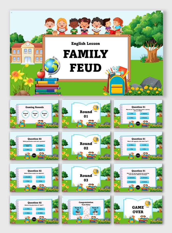 Classroom Party Family Feud Game with kids, balloons, desks, chalkboard quiz slides, colorful icons, and round text holders.