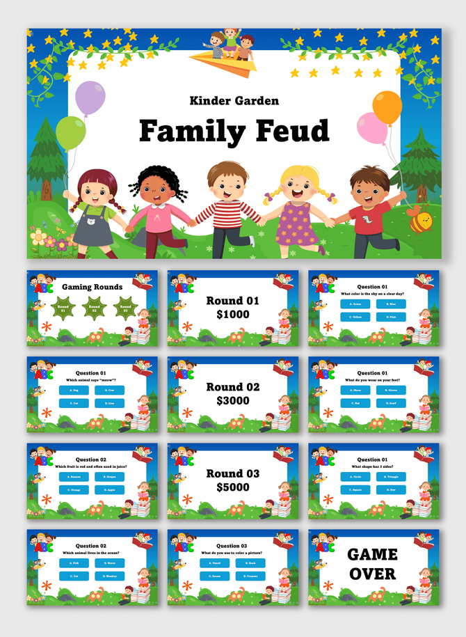 Kinder Garden Family Feud with kids, balloons, books, ABC icons, outdoor scene, blue quiz slides, star shapes, and text boxes