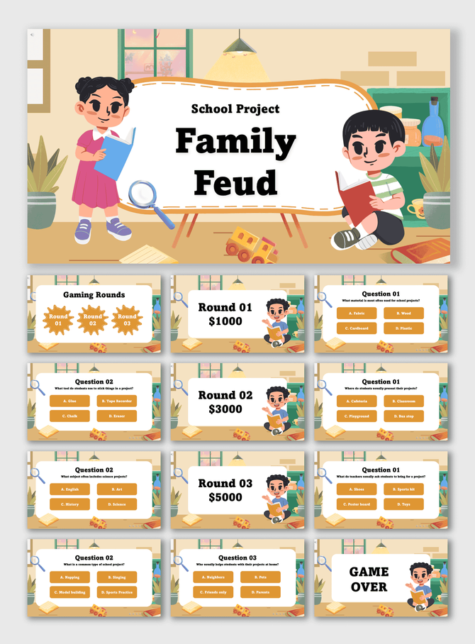 School Project Family Feud with kids, books, magnifier, toy blocks, plants, beige quiz slides, brown text holders, and icons.