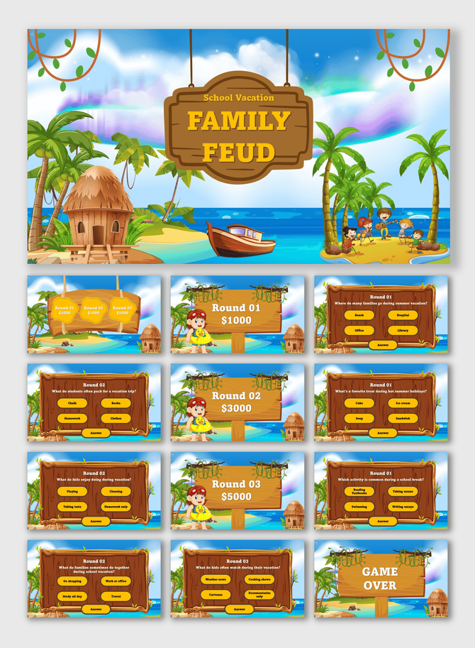 School Vacation Family Feud PPT with kids, beach huts, palm trees, boat, ocean, wooden quiz slides, yellow text boxes.