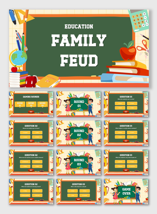Educational Family Feud with kids, chalkboard, books, globe, apple, calculator, beige slides, and yellow text boxes.