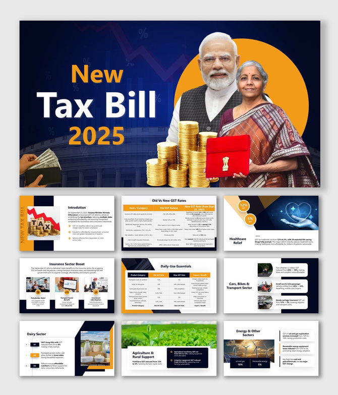 New Tax Bill 2025 with Modi, Sitharaman, coins, GST rate comparison, and blue-orange slides.