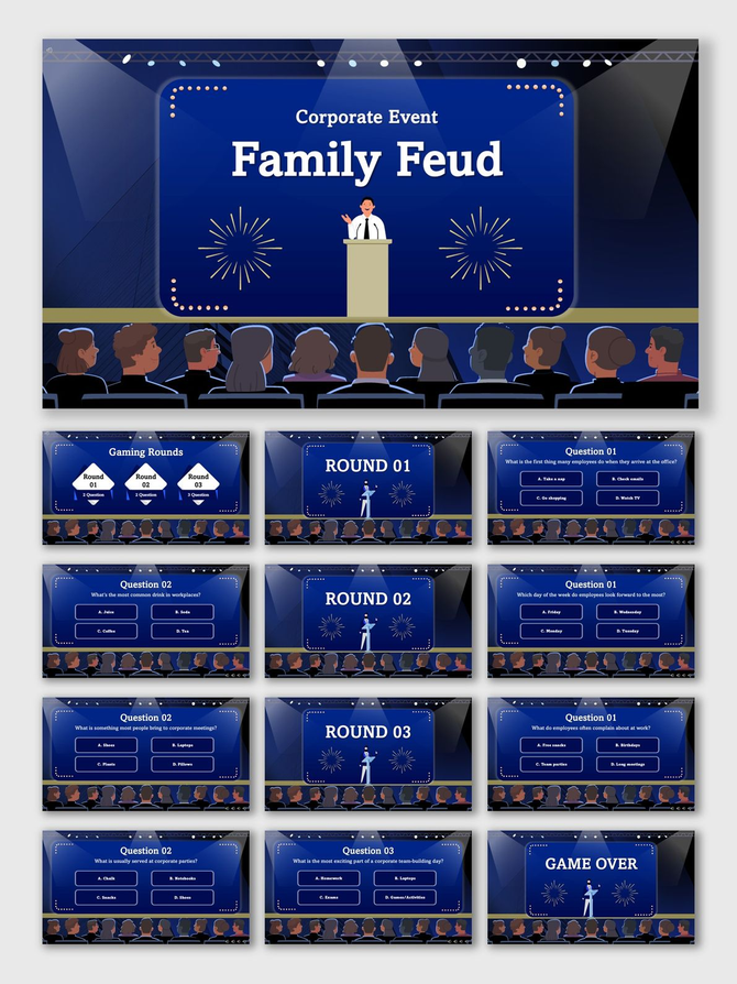 Family Feud Corporate Event blue slides with stage, spotlight, audience, Q&A rounds, text, scoreboard, and game over.