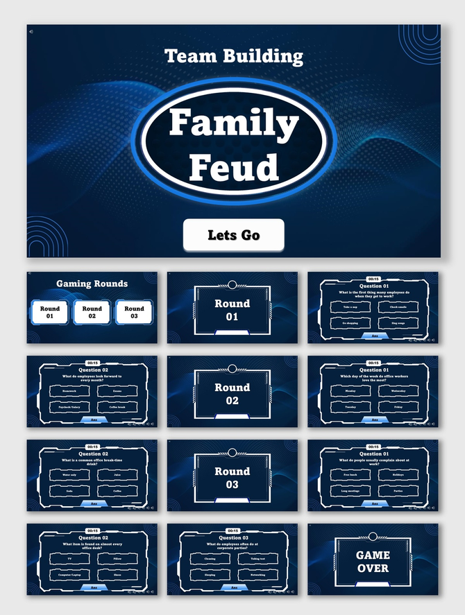 Family Feud Team Building Game blue slides with wave shapes, Q&A rounds, text holders, scoreboard, timer, and game over.