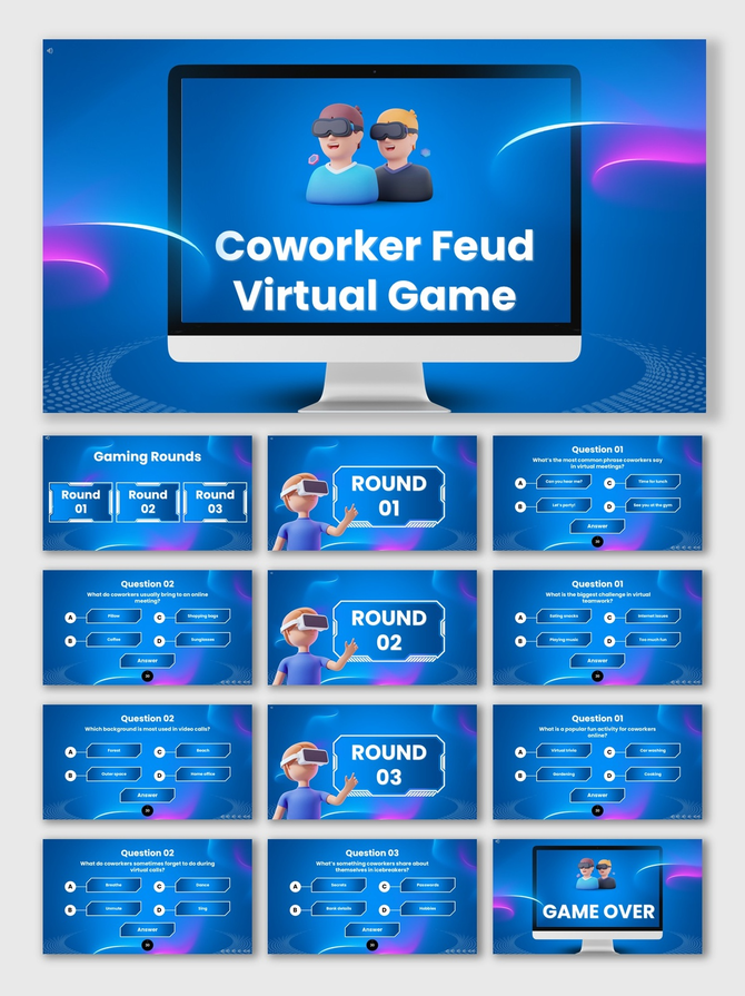 Coworker Feud Virtual Game blue slides with neon shapes, VR avatars, Q&A rounds, text holders, scoreboard, and game over.
