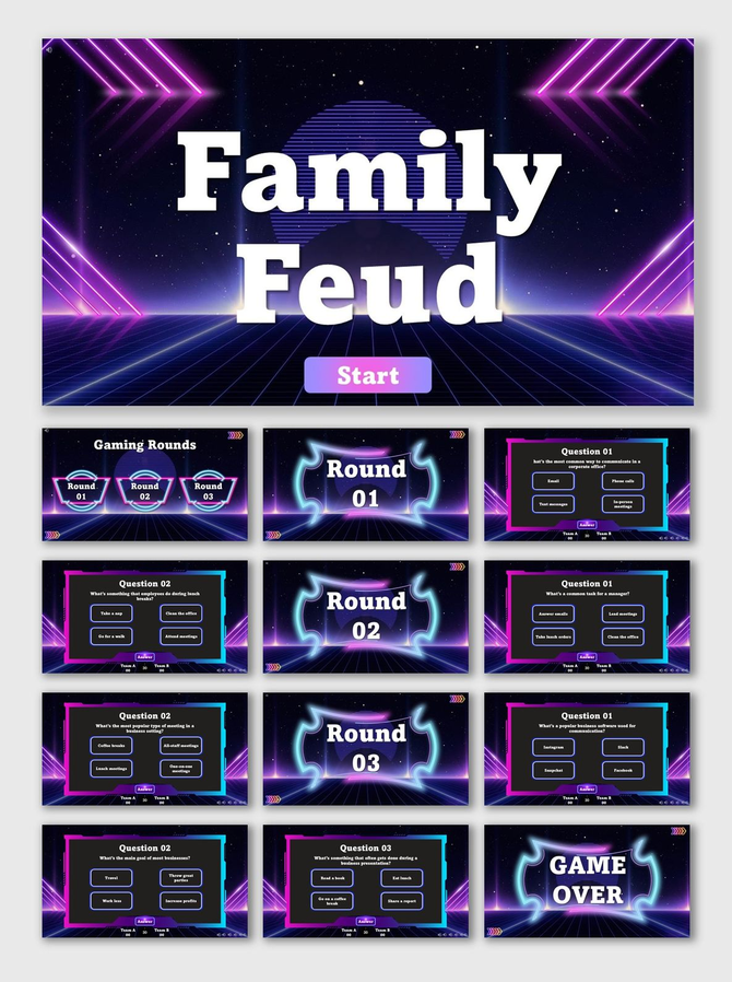 Family Feud Game With Teams neon slides with purple-blue lights, Q&A rounds, text holders, scoreboard, and game over.