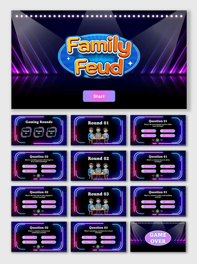 Online Coworker Feud blue neon slides with wave shapes, avatars, Q&A rounds, text holders, scoreboard, and game over.