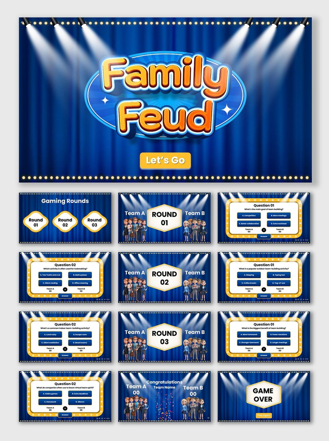 Team Building Family Feud blue curtain slides with spotlight, avatars, Q&A rounds, text, scoreboard, and game over.