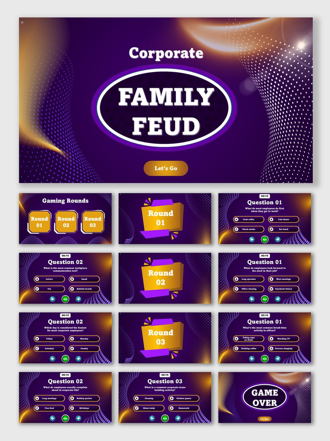 Corporate Family Feud purple-gold slides with wave shapes, Q&A rounds, text holders, scoreboard, and game over.