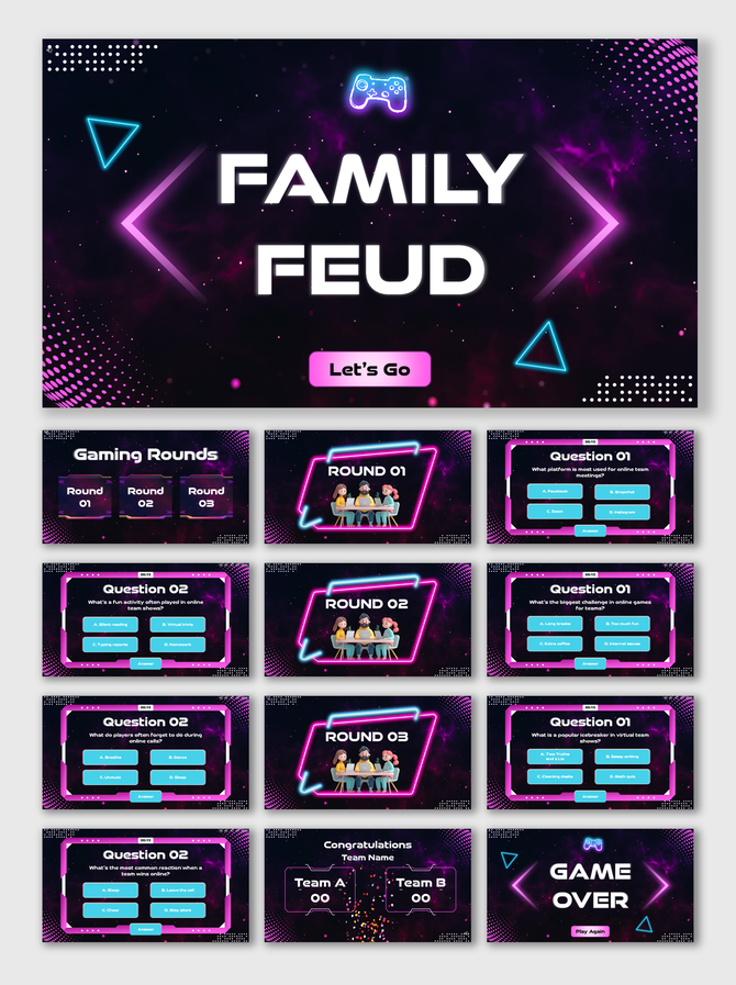 Online Game Show For Teams neon purple-black slides with glowing shapes, avatars, Q&A rounds, scoreboard, and game over.