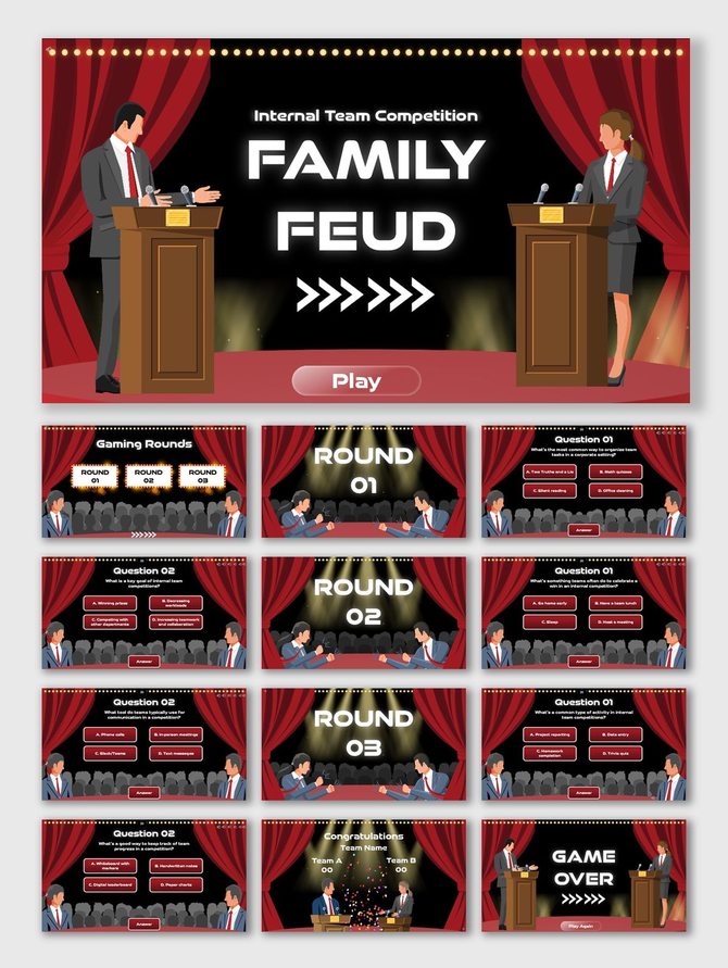 Internal Team Competition red curtain slides with podiums, Q&A rounds, text boxes, scoreboard, audience, and game over.