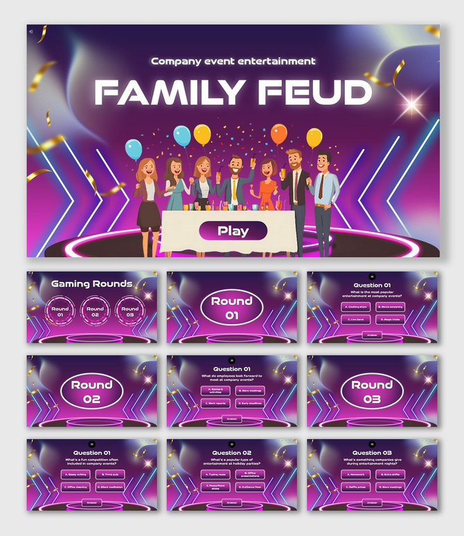 Company Event Entertainment neon purple slides with balloons, avatars, Q&A rounds, text, scoreboard, and game over.