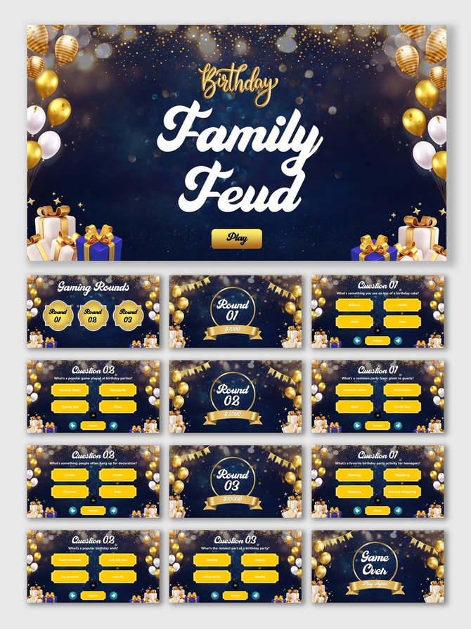 Family Feud Birthday Party navy-gold slides with balloons, gifts, Q&A rounds, text holders, and game over.