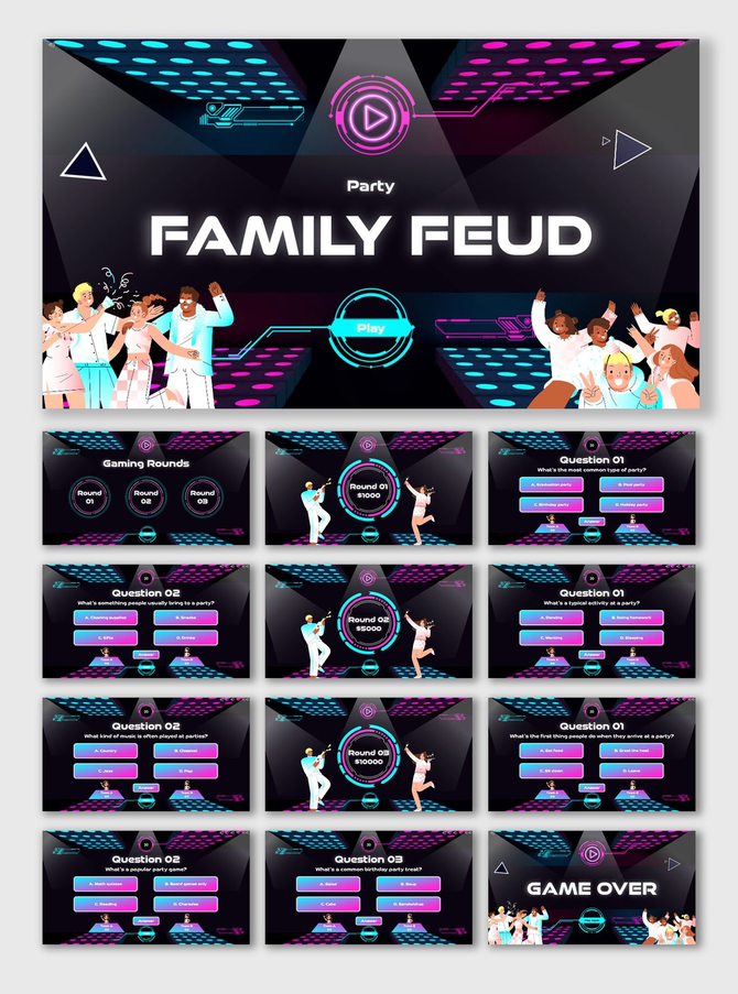 Party Family Feud neon slides with avatars, glowing shapes, Q&A rounds, text holders, scoreboard, and game over.