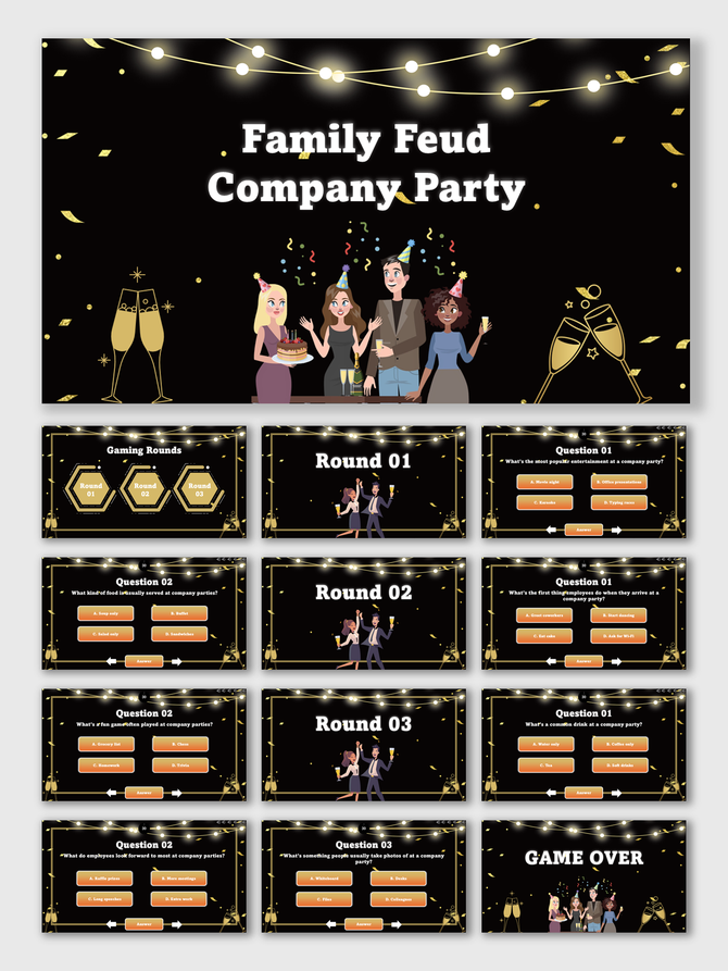 Family Feud Company Party black-gold slides with avatars, lights, Q&A rounds, text holders, and game over.
