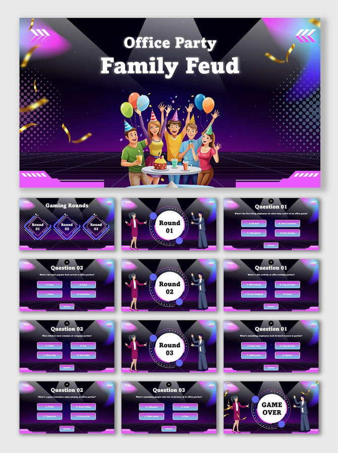 Family Feud Game For Office Party purple slides with balloons, avatars, Q&A rounds, text holders, and game over.