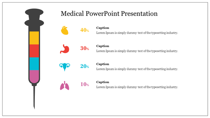 Medical slide with a colorful syringe and four icons representing organs alongside percentage values and captions.