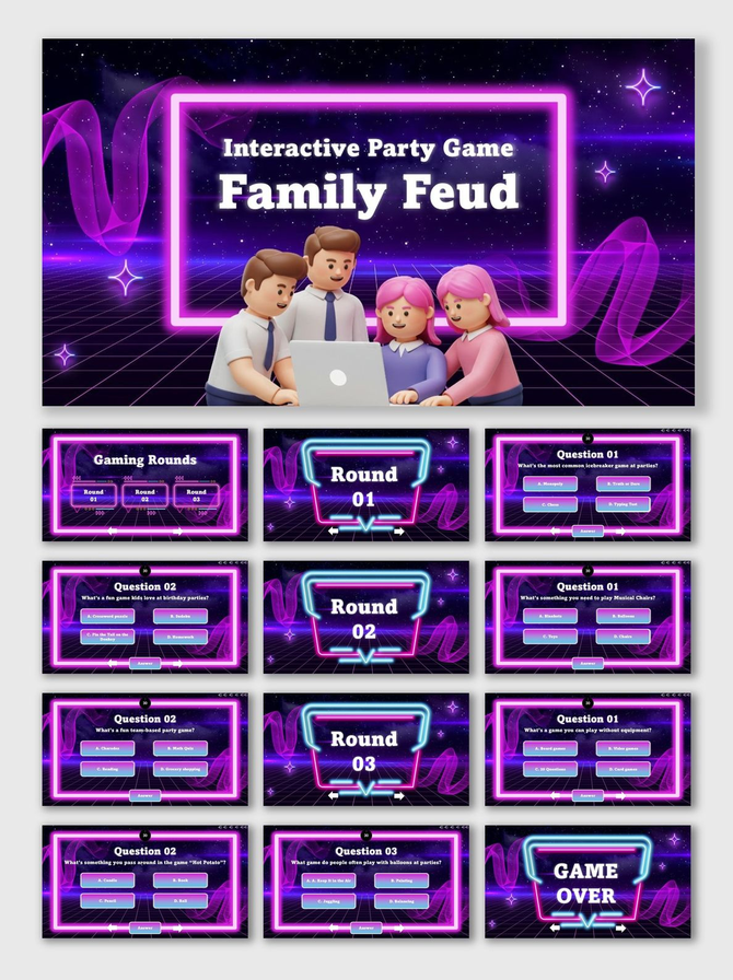 Interactive Party Game neon purple slides with avatars, glowing shapes, Q&A rounds, text holders, and game over.
