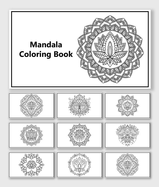 Mandala Coloring Book template with lotus mandalas, floral patterns, circle shapes, text holder, and outlined color zones.