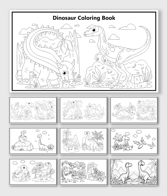 Dinosaur Coloring Book with dinos, volcano, trees, rocks, clouds, flying dinos, plants, text holder, and shapes to color.