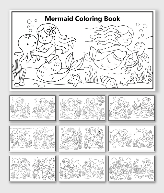 Mermaid Coloring Book with mermaids, octopus, turtle, dolphins, fish, castle, chest, sea plants, text holder, and shapes.
