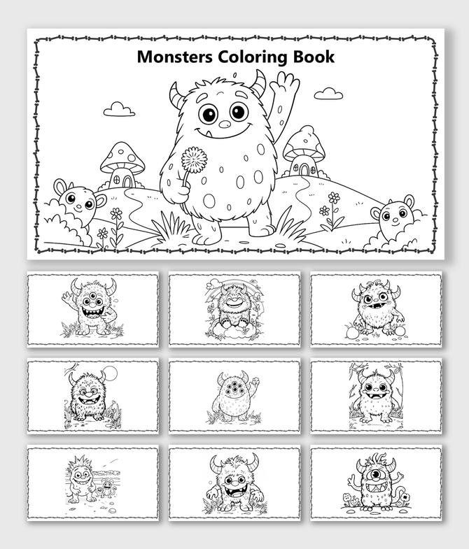 Monsters Coloring Book with cute monsters, mushrooms, flowers, hills, clouds, trees, and nature scenes with shapes to color.