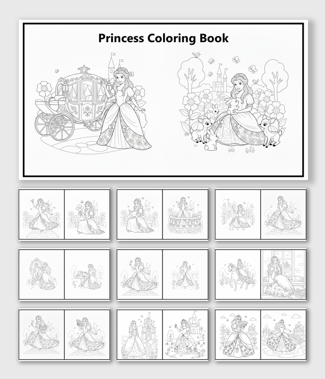 Princess Coloring Book with princesses, castles, horses, carriages, flowers, trees, deer, butterflies, animals, and shapes.