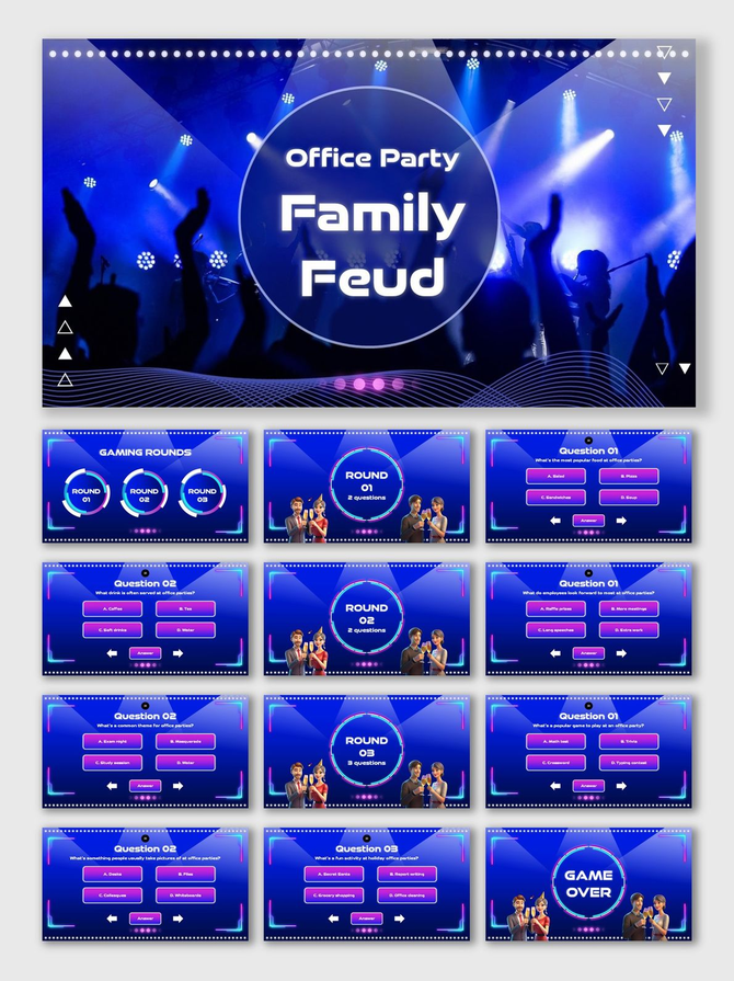 Office Party Family Feud Questions blue slides with spotlights, avatars, Q&A rounds, text holders, and game over.