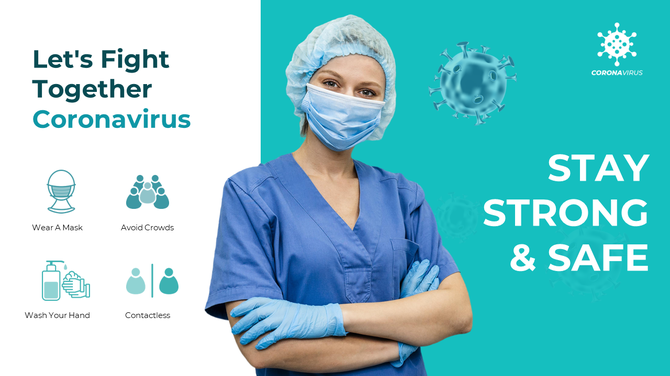 Medical PPT slide with a healthcare worker in scrubs and a face mask, encouraging safety during the coronavirus pandemic.