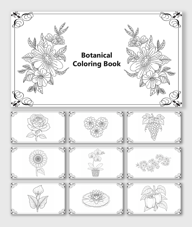 Botanical Coloring Book with roses, sunflowers, orchids, lotus, grapes, apples, floral borders, flowers, and shapes to color.