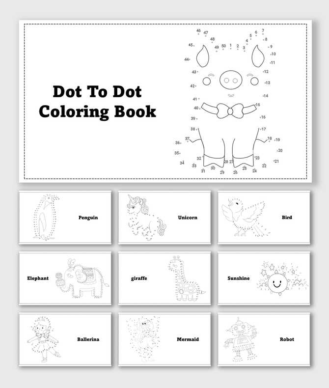 Dot To Dot Coloring with pig, penguin, unicorn, bird, elephant, giraffe, sunshine, ballerina, mermaid, robot, and shapes.