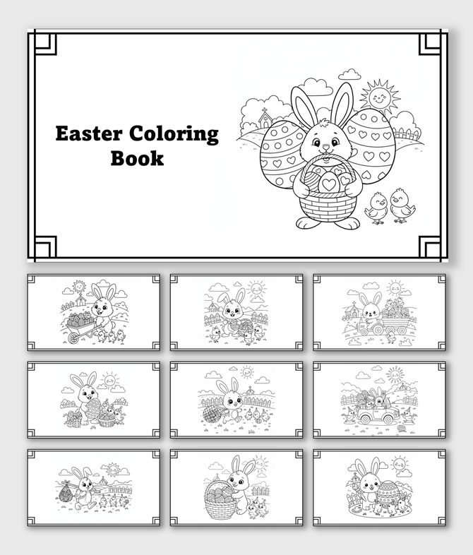 Easter Coloring Book with bunny, chicks, eggs, basket, flowers, sun, clouds, fences, fields, and shapes to color.