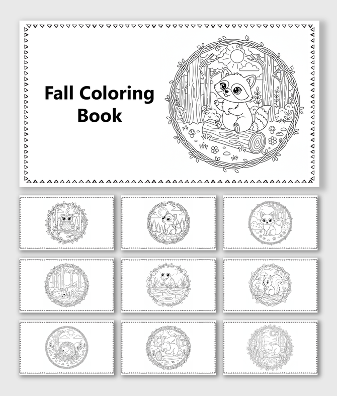 Fall Coloring Book with raccoon, owl, fox, deer, bear, trees, leaves, mushrooms, sun, forest scenes, and shapes to color.