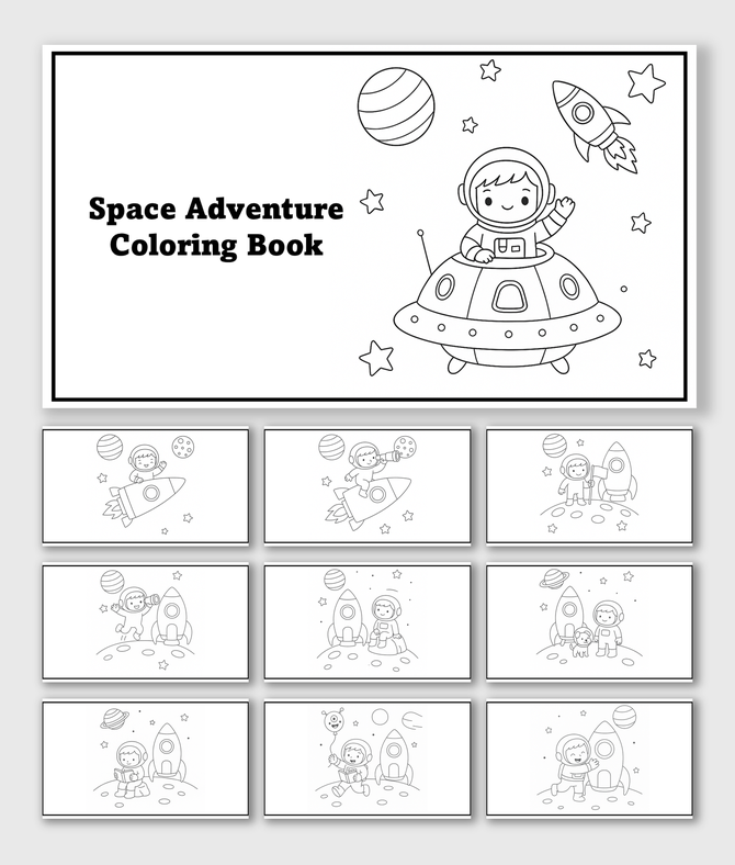 Space Adventure Coloring Book PowerPoint presentation as a printable book that teaches kids about space, colors, and fun.