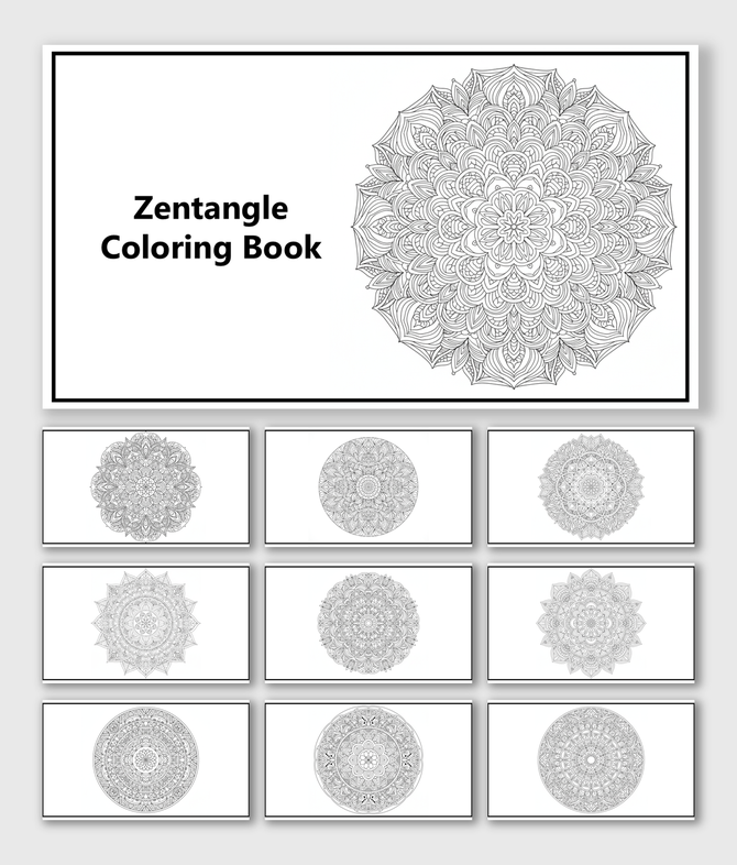 Zentangle Coloring Book with mandalas, floral patterns, geometric circles, abstract designs, and outlined shapes to color.