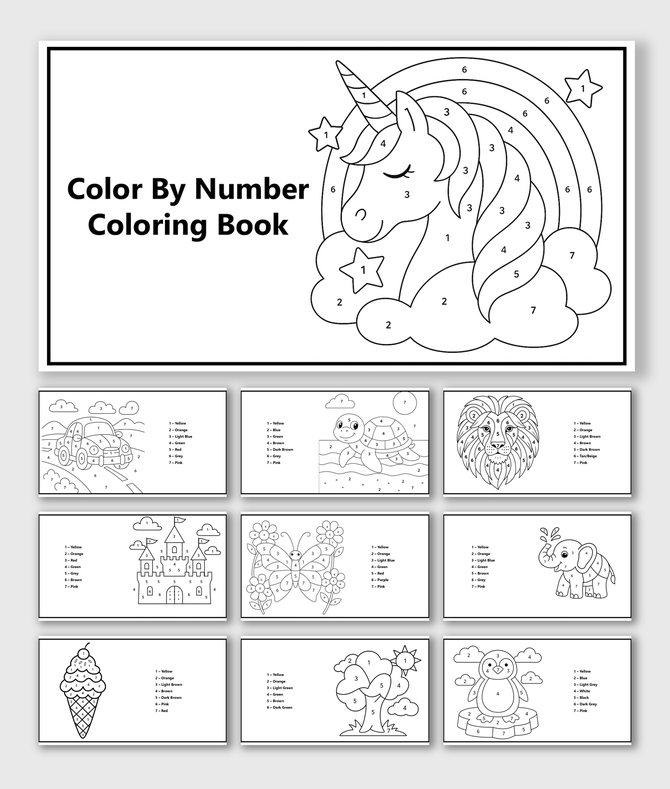 Color By Number Coloring Book with unicorn, rainbow, stars, car, turtle, lion, elephant, butterfly, penguin, castle, shapes.